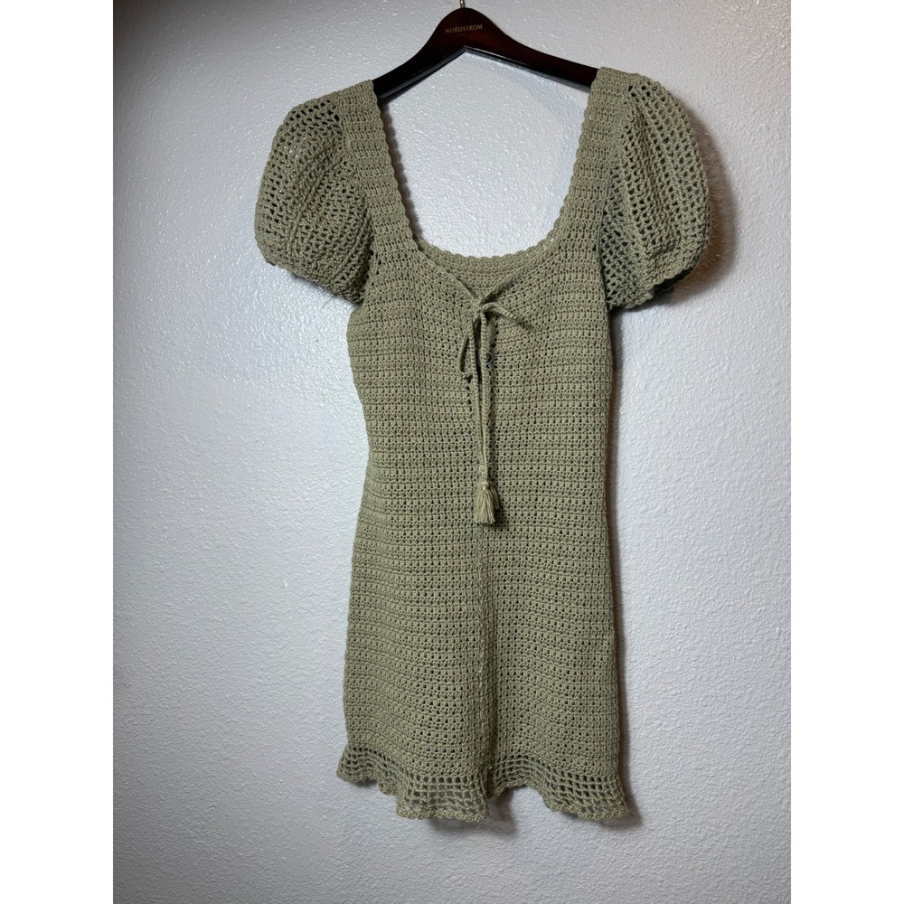 Sage Green Crochet Mini Dress Puff Sleeve Tie Front Boho Size S